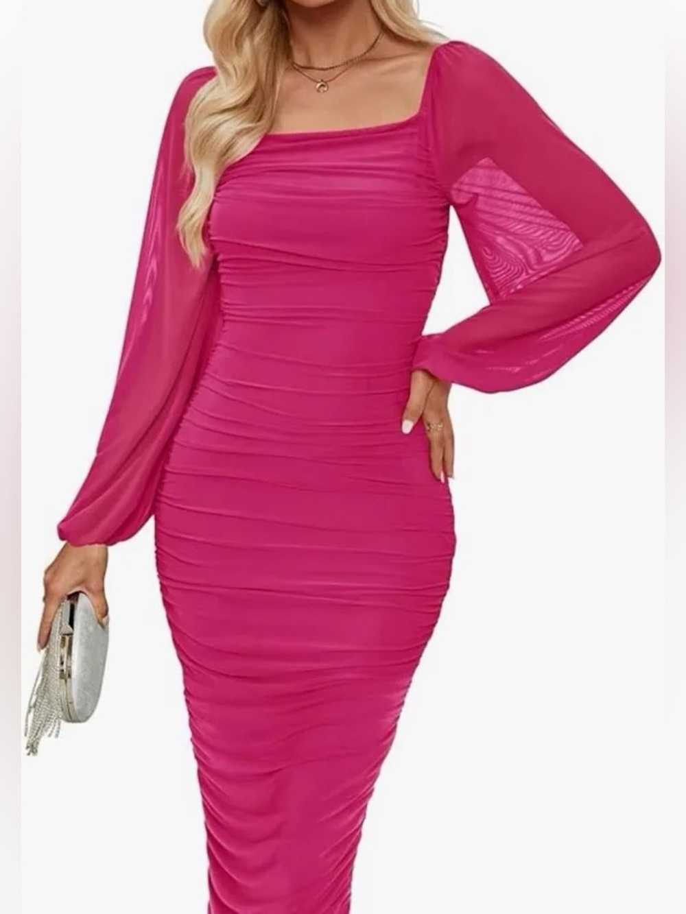 NWT ZESICA Magenta Long Puff Sleeve Square Neck Bodycon Midi Dress